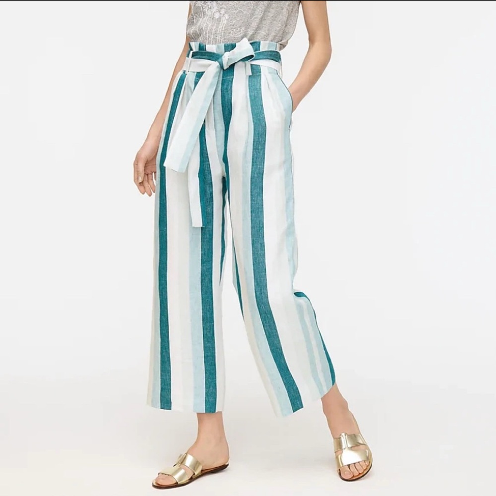 J. CREW Paper-bag linen pant in cabana stripe Turquoise Jade White Womens Size 8 - Picture 2 of 9